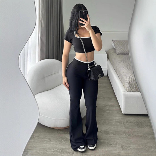 Damen modisches Crop-Top mit tailliertem Schnitt und weiter Hose EB