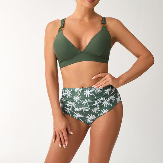 Damen Hochtailliertes Bikini-Set mit verstellbaren Trägern und stilvollem Palmendruck EB