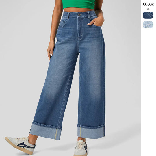Damen Weit geschnittene Jeans mit hohem Bund und umgeschlagenem Saum EB