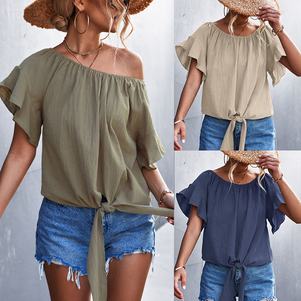 Damen luftiges Blusenshirt mit verspieltem Knoten und voluminösen Ärmeln EB