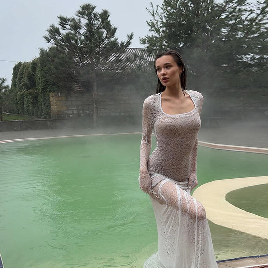 Damen elegantes, durchsichtiges Spitzenkleid mit langen Ärmeln EB