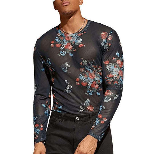 Herren Langarmshirt mit floralem Muster und transparentem Stoff EB