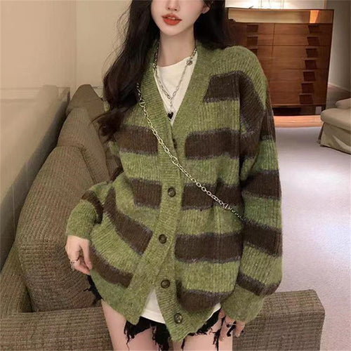 Damen Grobstrickjacke mit modischem Streifenmuster und lässigem Schnitt EB