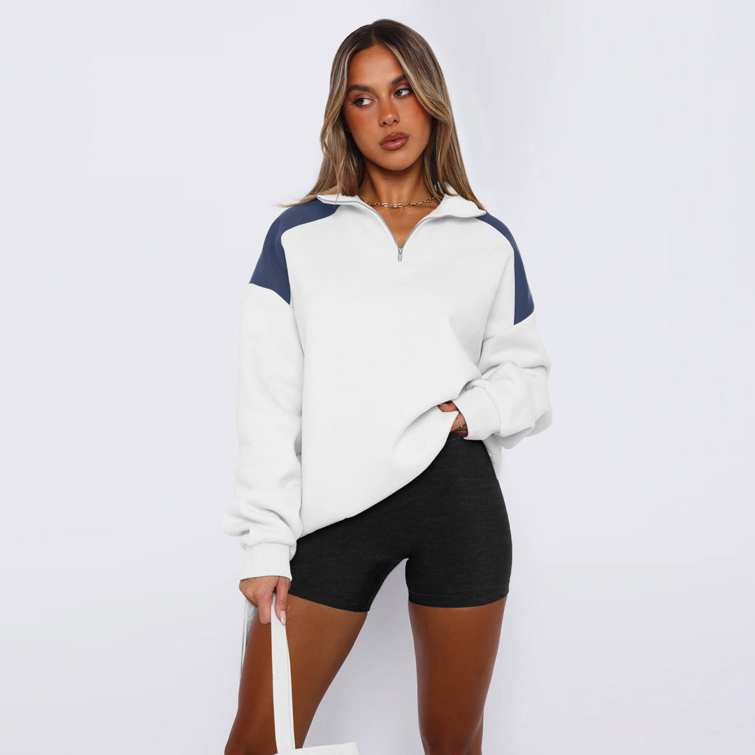 Damen lässiger Sweatshirt mit halbem Reißverschluss und kontrastierenden Ärmeln EB