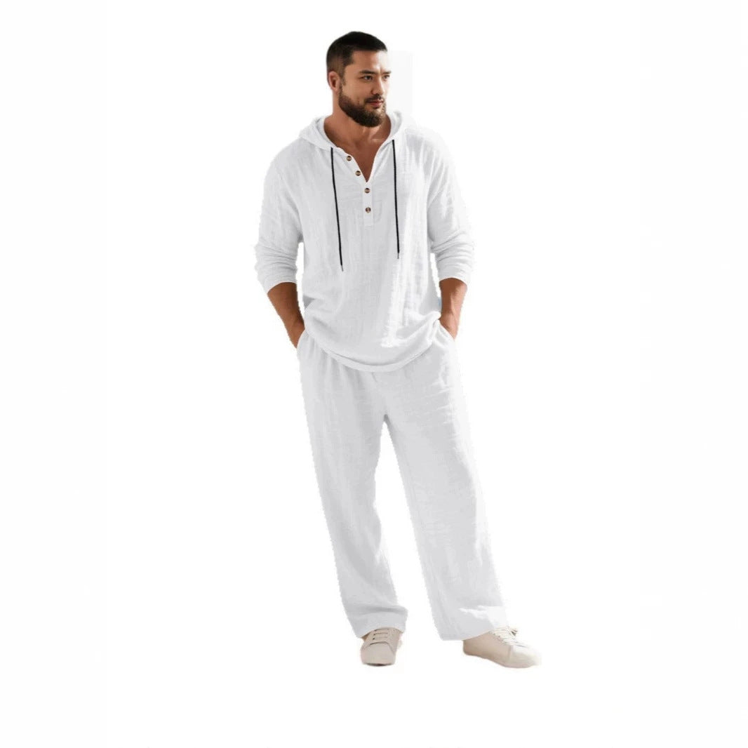 Herren nan lässiges Leinenzweiteiler-Set mit Kapuzenhemd im Henley-Stil und weiten Freizeit-Hosen EB