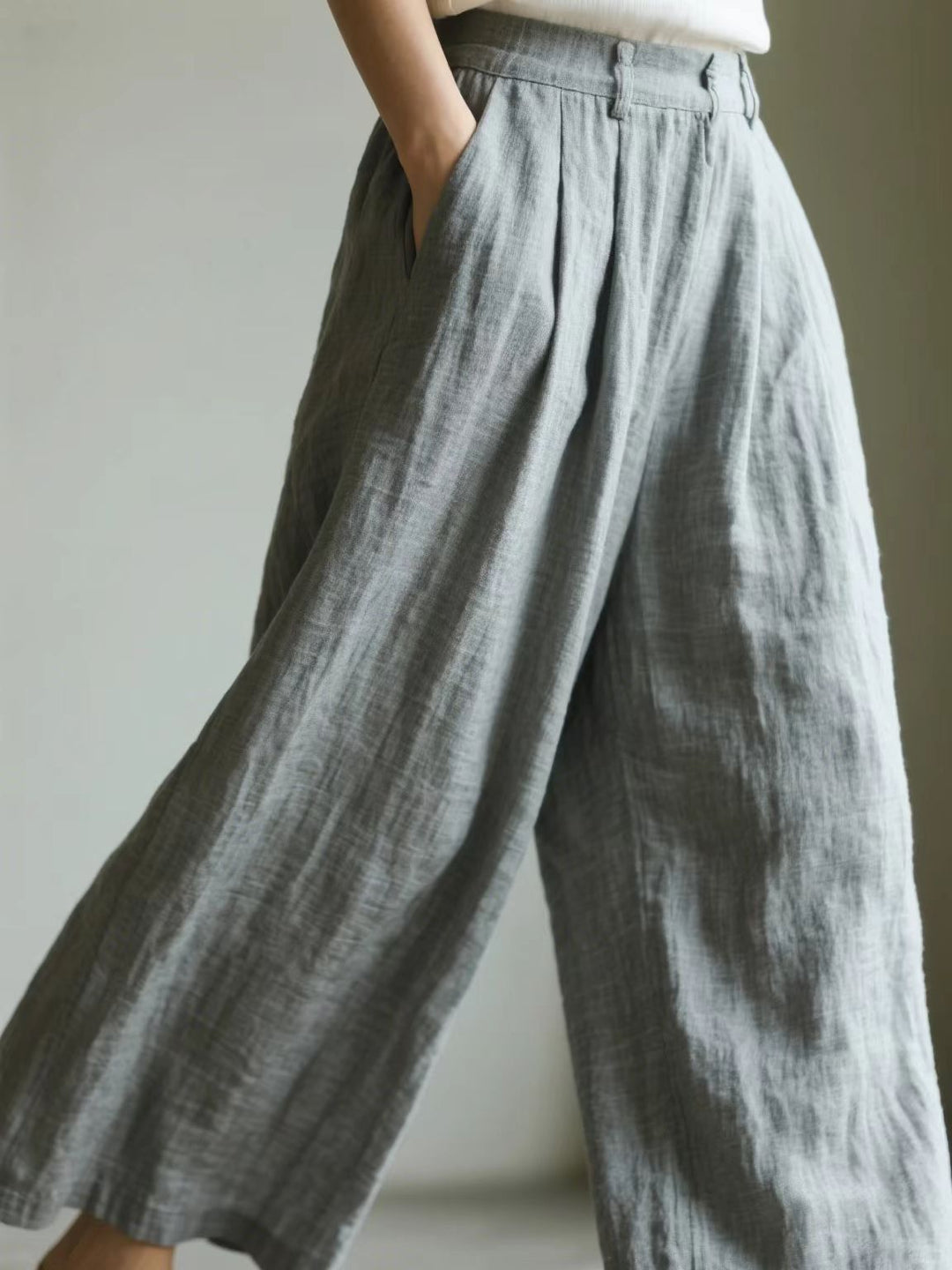 Damen weite Leinenhose mit eleganter Bundfalte und Taschen EB