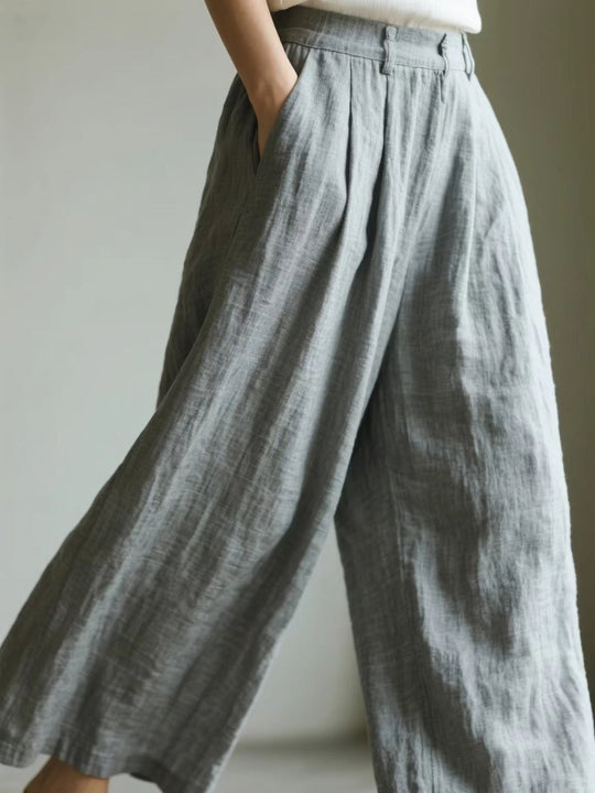 Damen weite Leinenhose mit eleganter Bundfalte und Taschen EB