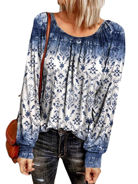 Damen Ethno-Print Oversize-Tunika mit Rundhalsausschnitt und langen Ballonärmeln EB