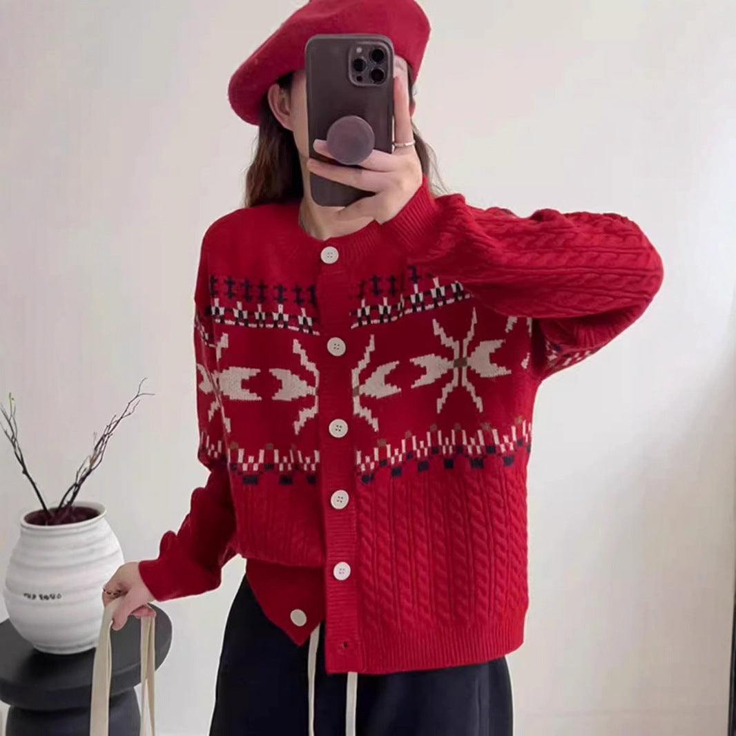 Damen Strickjacke mit traditionellen Mustern und großen Knöpfen EB