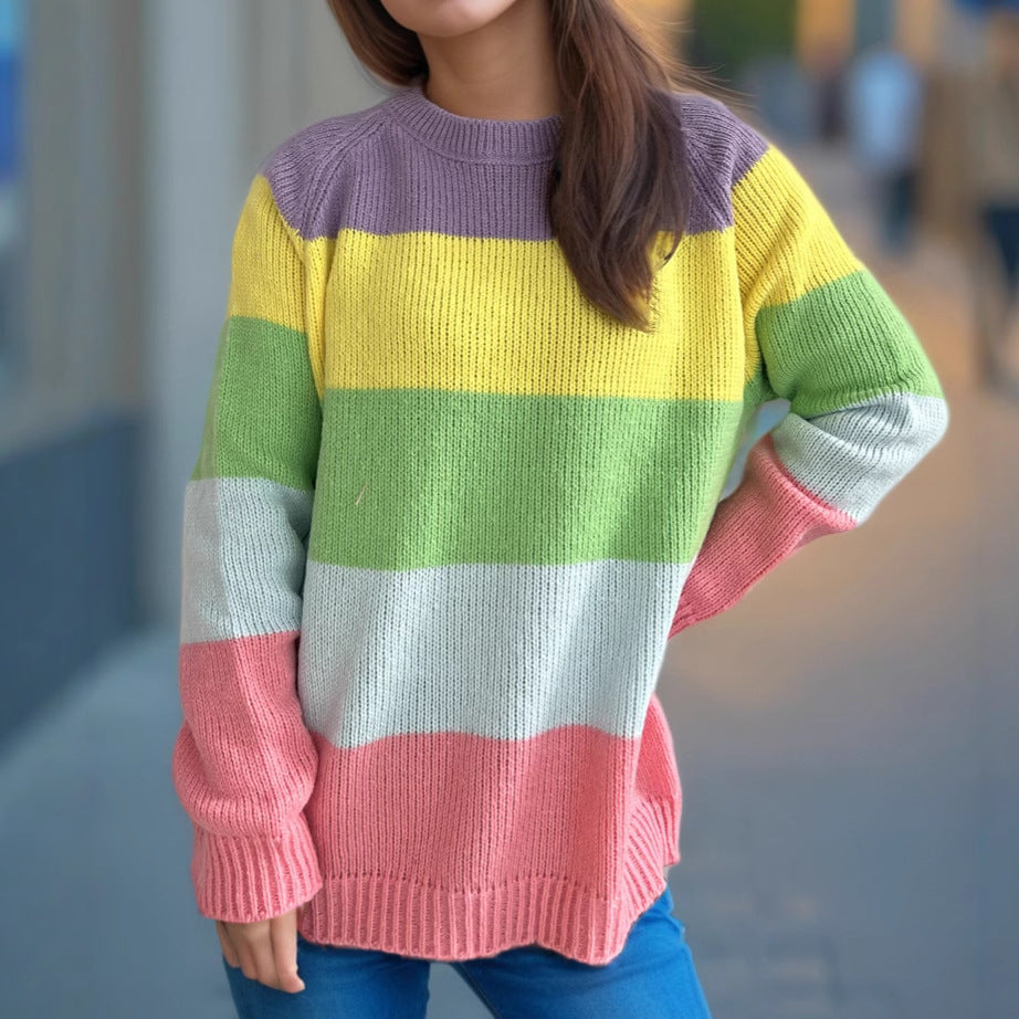 Damen lässiger Strickpullover mit bunten Blockstreifen und weitem Schnitt EB
