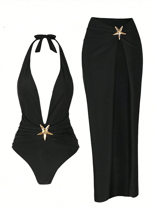 Damen eleganter einteiliger Badeanzug mit schickem Rock EB