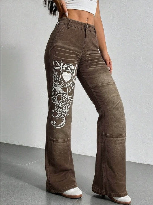 Damen weite Jeans mit kunstvollem Aufdruck EB