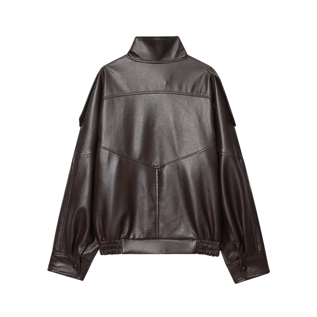 Damen nan Kunstleder-Bomberjacke mit hohem Stehkragen, asymmetrischer Druckknopfleiste und elastischem Saum EB