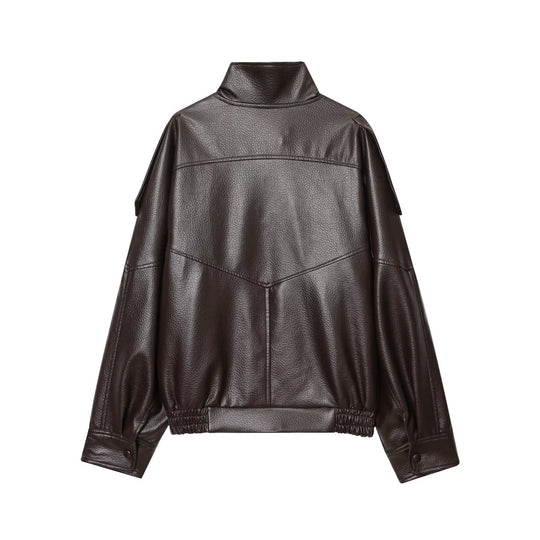 Damen nan Kunstleder-Bomberjacke mit hohem Stehkragen, asymmetrischer Druckknopfleiste und elastischem Saum EB