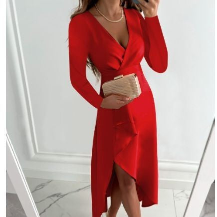 Damen Wickelkleid mit elegantem V-Ausschnitt und schwingendem Saum EB