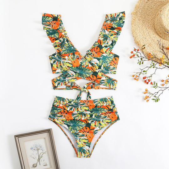 Damen Cropped Bikini-Set mit verspieltem Rüschendesign und elegantem Bindeträgersystem EB