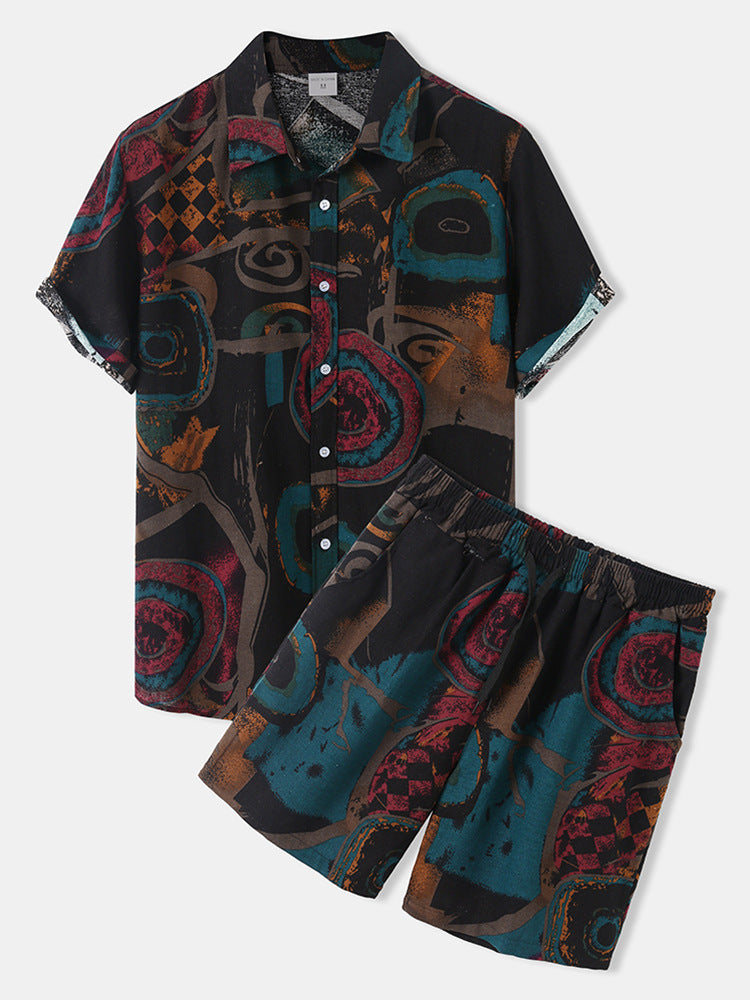 Damen kurzärmliges Ferienhemd mit buntem Muster und bequemen Shorts EB