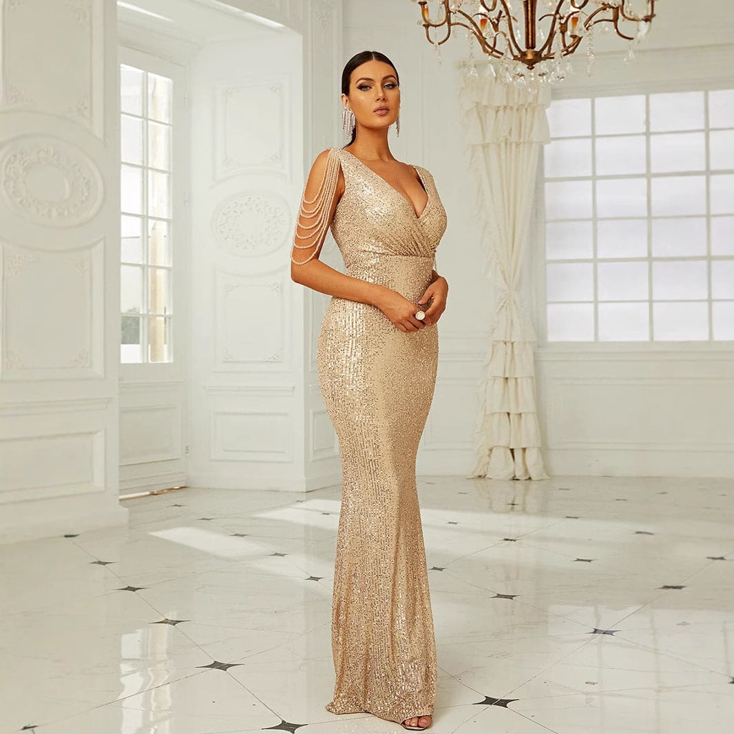 Damen Glamouröses Abendkleid mit funkelnden Pailletten und schulterfreien Ärmeln EB
