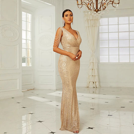 Damen Glamouröses Abendkleid mit funkelnden Pailletten und schulterfreien Ärmeln EB