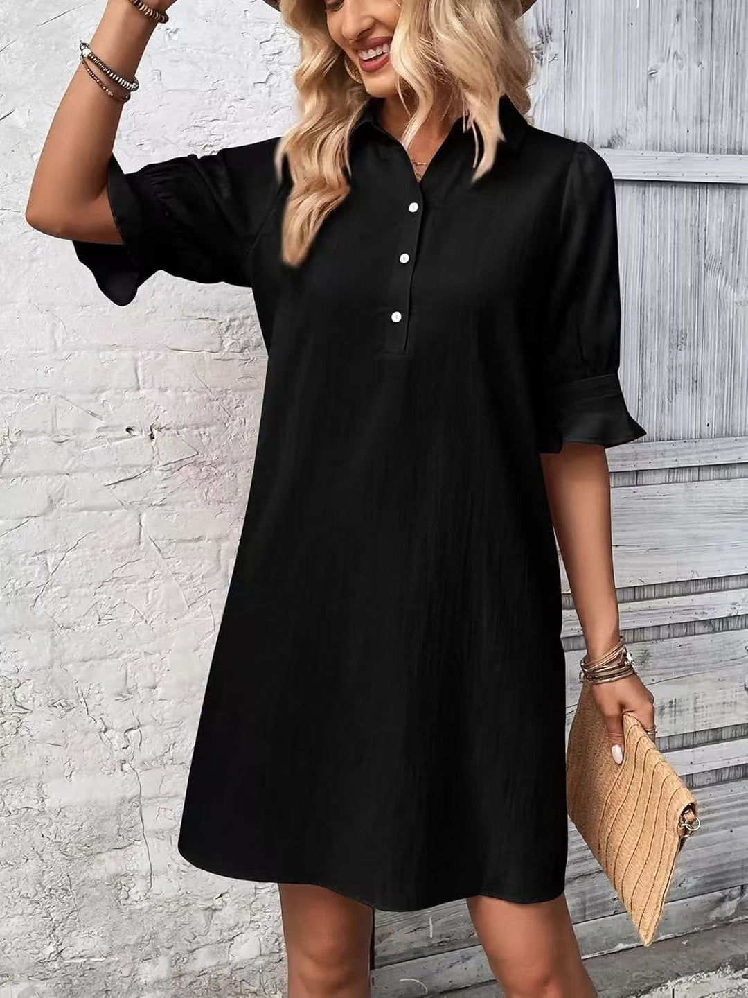 Damen lässiges Hemdkleid mit kurzen Ärmeln und praktischen Taschen EB