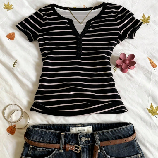 Damen Kurzarmshirt mit Knopfleiste EB