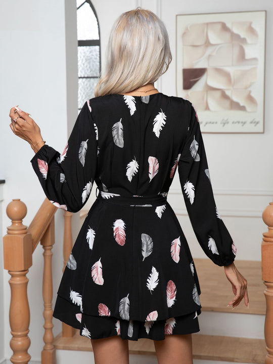 Damen Wickelkleid mit voluminösen Ärmeln und floralem Print EB