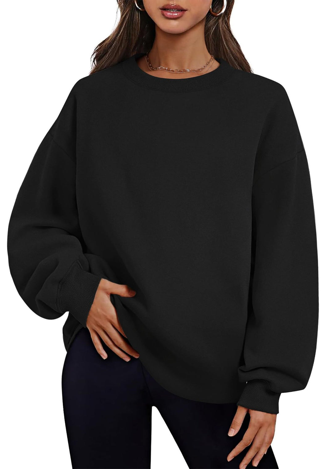 Damen nan verlängertes Oversize Rundhalspullover mit seitlichen Eingrifftaschen, Rippbündchen und überschnittener Schulter EB