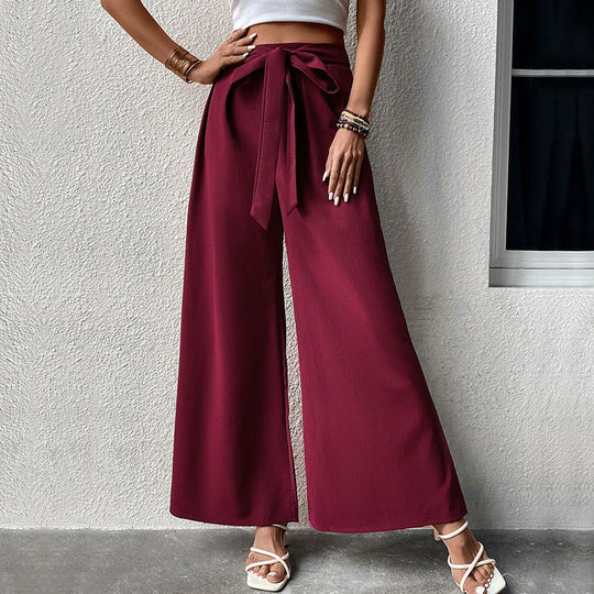 Damen Weite High-Waist-Hose mit Schleifenbund und Faltenwurf EB