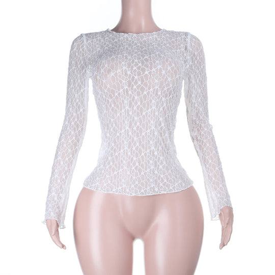 Damen Elegantes Spitzenshirt mit langem Arm und raffiniertem Mustermix EB