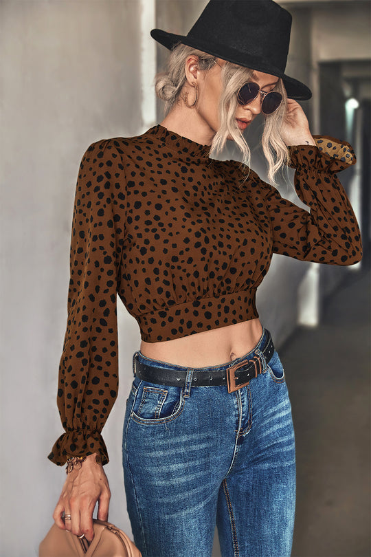 Damen Stehkragen-Blusenshirt mit Volantärmeln und Leopardenmuster EB