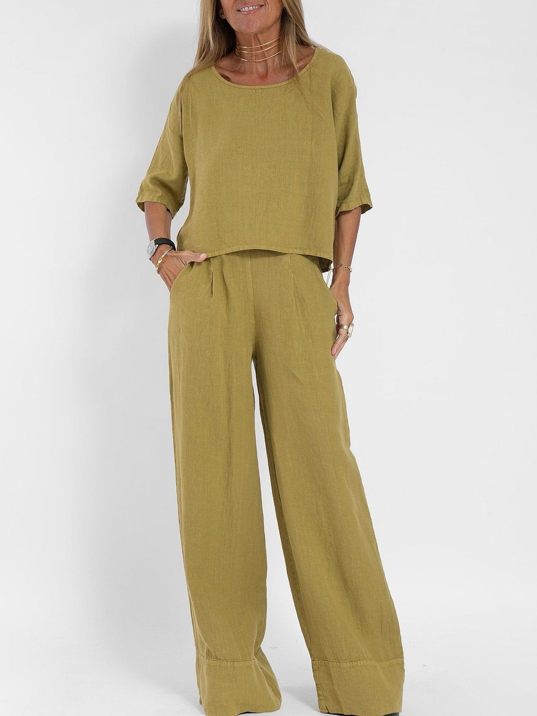 Damen lässiges Leinen-Set mit weitem Oberteil und palazzo Hosen EB