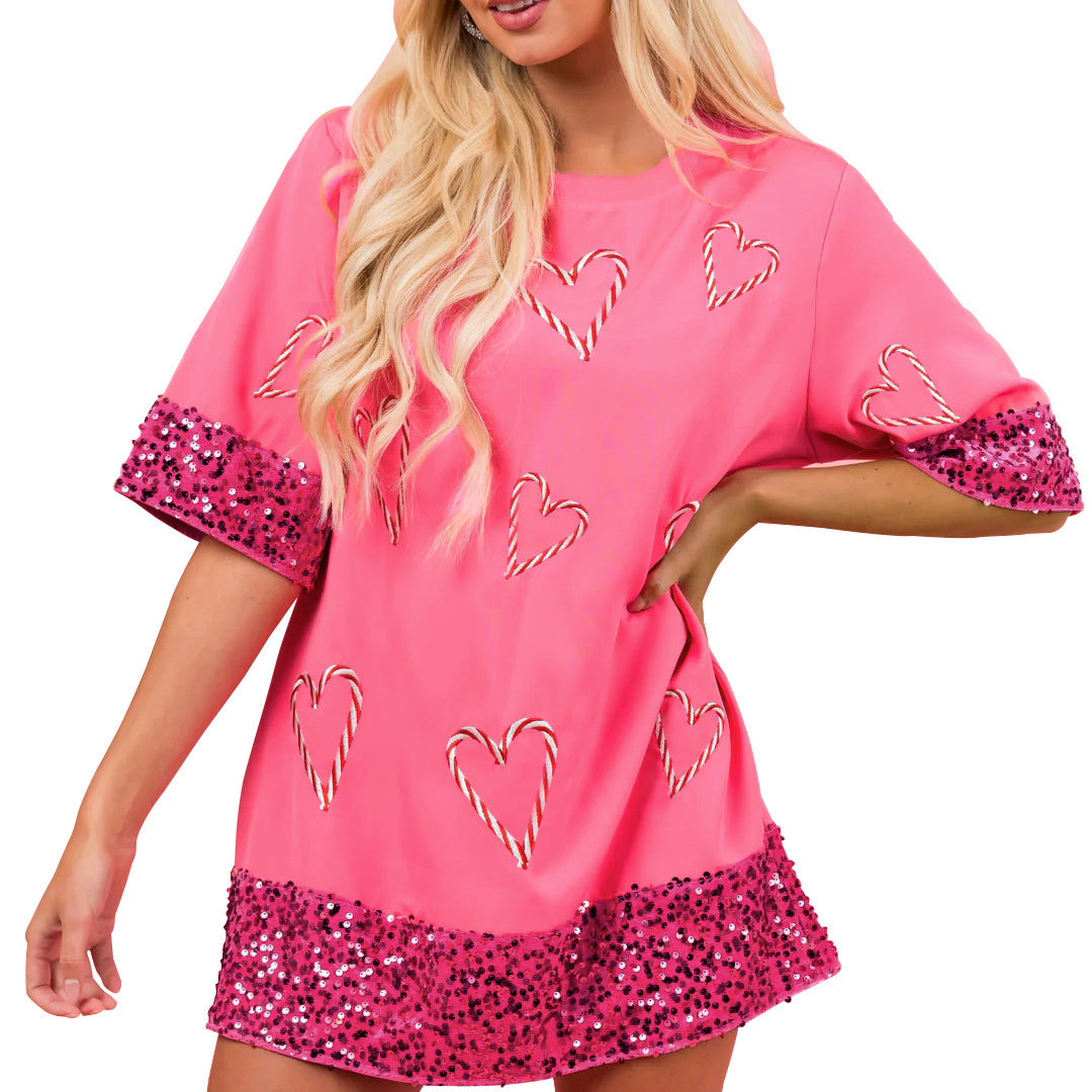 Damen Tunika Kleid mit Paillettenbesatz und Herzmuster EB