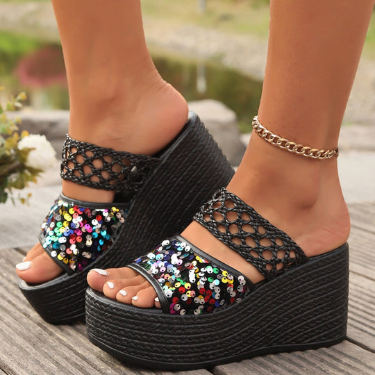 Damen Wedge-Pantoletten mit glitzernden Pailletten und raffiniertem Obermaterial EB