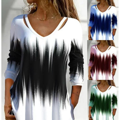 Damen Langarmshirt mit modischem V-Ausschnitt und einzigartigem Farbverlauf EB