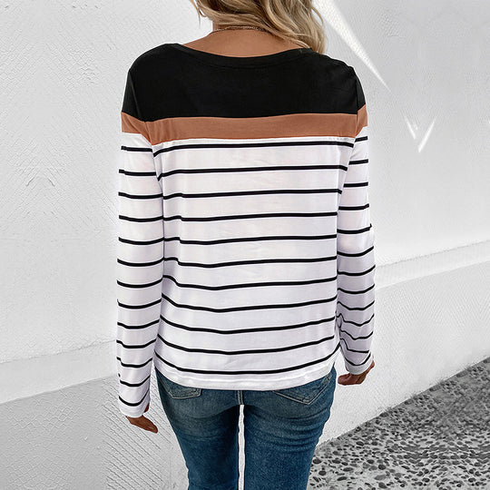 Damen Langarmshirt mit modischem Streifenmuster und kontrastierendem Oberteil EB