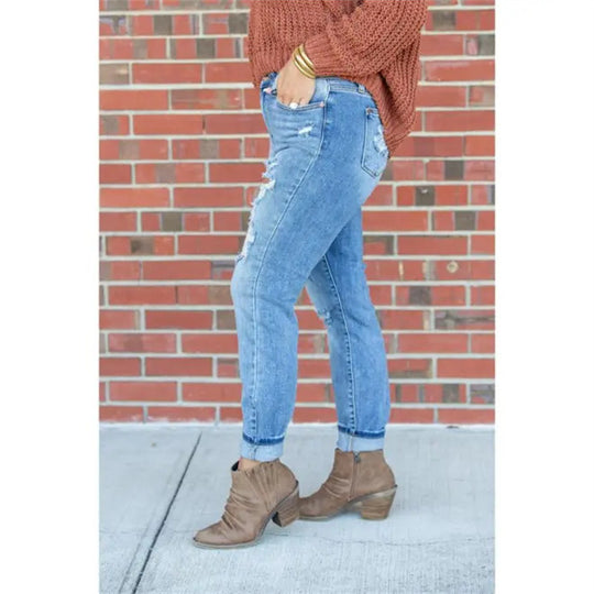 Damen Vintage Destroyed Jeans im entspannten Schnitt mit hohem Bund EB