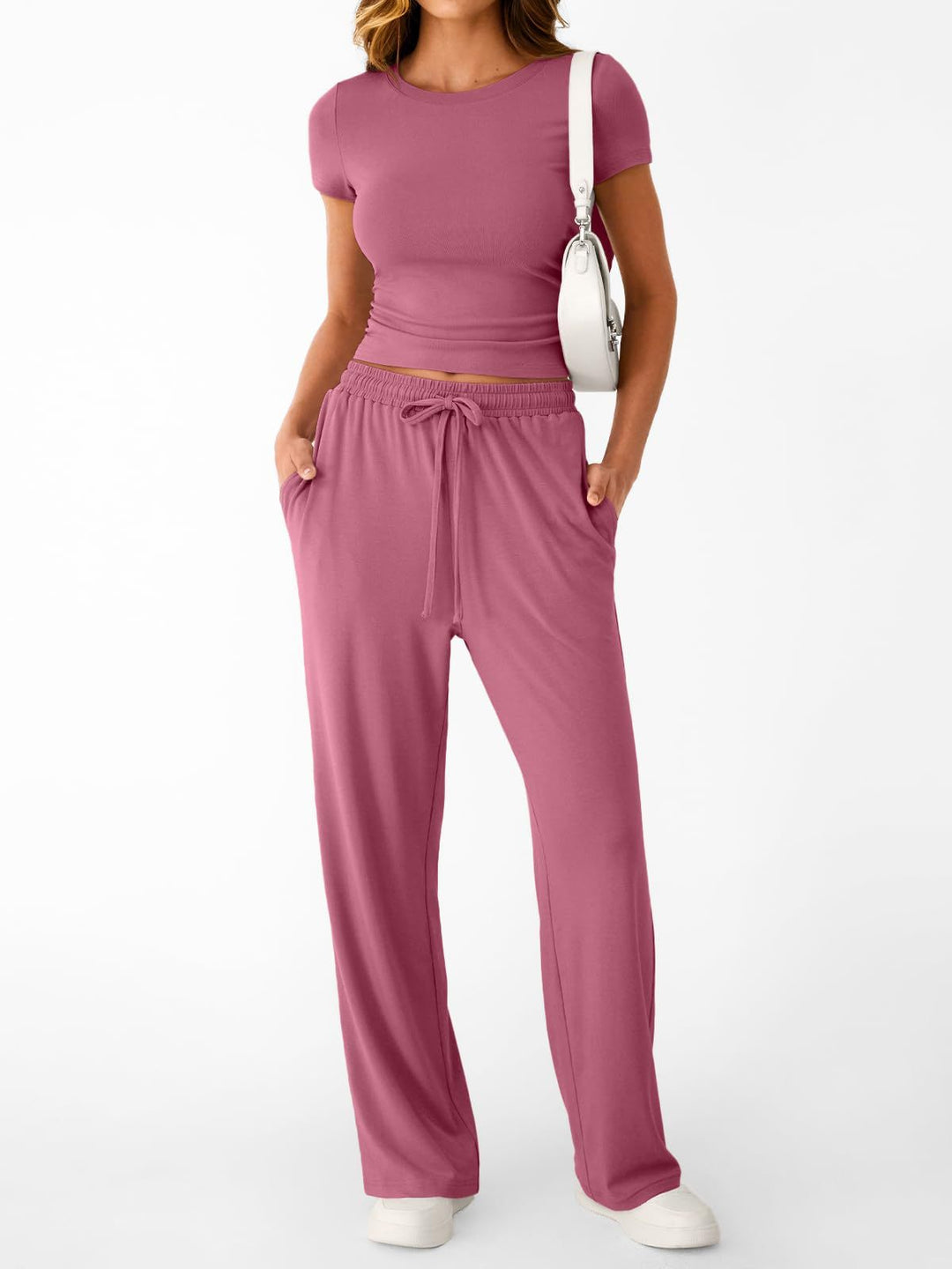 Damen lässiger Freizeitanzug mit kurzen Ärmel und weiten Hosen EB