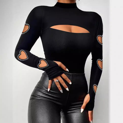 Damen figurbetontes Oberteil mit herzförmigen Cut-Outs und Glitzerdetails EB