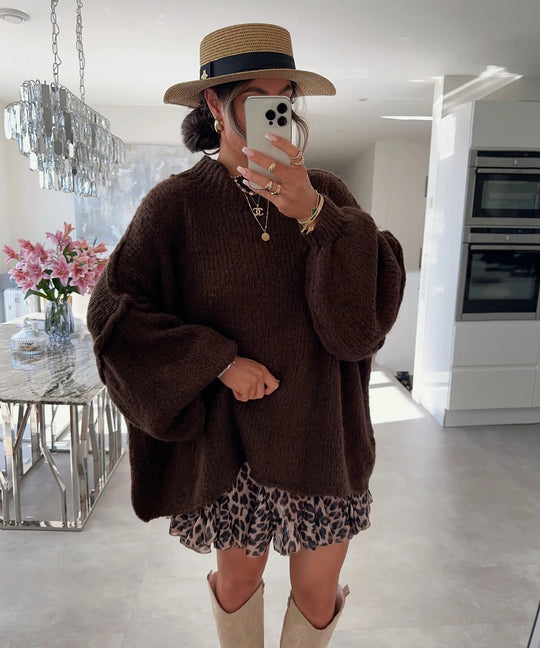 Damen lässiger Oversize Pullover mit hohen Ärmeln und unkonventionellem Schnitt EB