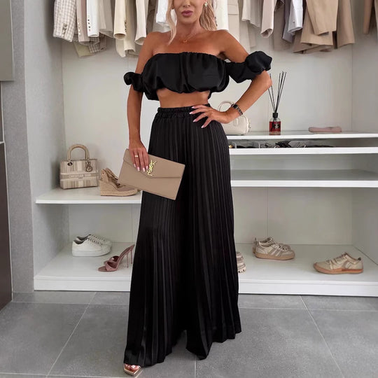 Damen Elegantes Set mit schwingendem Oberteil und plissierten Hosen EB