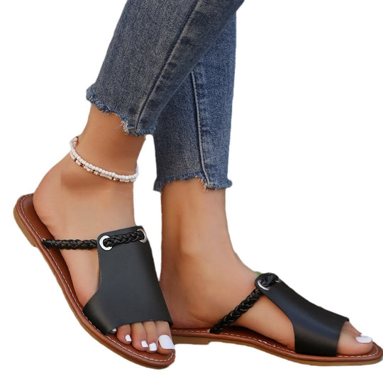 Damen nan elegante flache Pantolette mit breitem Obermaterial und geflochtenem Zehenriemen EB