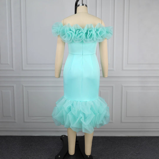Damen Figurbetontes Kleid mit Rüschenärmel und voluminösem Saum EB