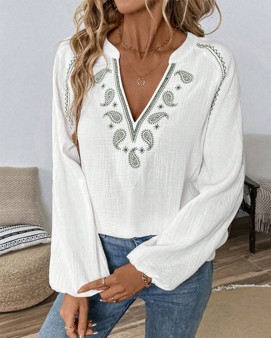 Damen nan bestickte Baumwoll-Gauze Tunika-Bluse mit ornamentaler V-Ausschnitt-Stickerei und Trompetenärmeln EB