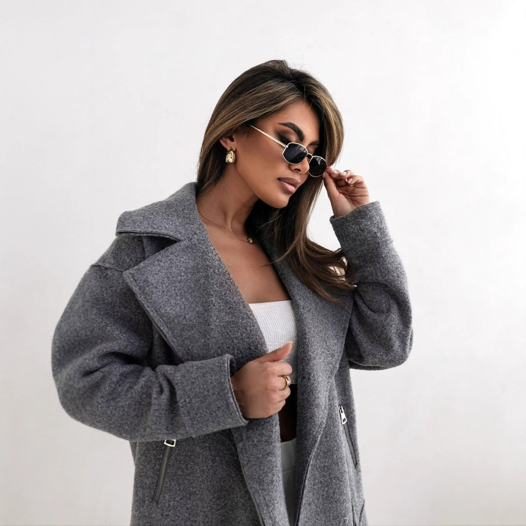 Damen stylische Wolljacke mit asymmetrischem Reißverschluss und großem Kragen EB