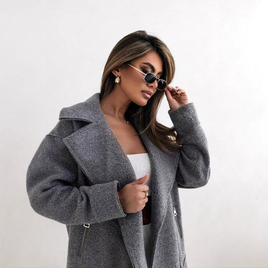Damen stylische Wolljacke mit asymmetrischem Reißverschluss und großem Kragen EB
