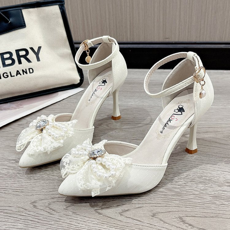 Damen elegante Pumps mit dekorativer Perlen- und Schleifenverzierung EB