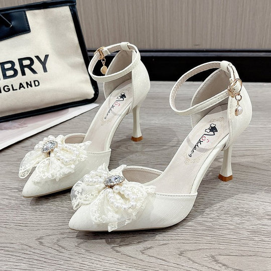 Damen elegante Pumps mit dekorativer Perlen- und Schleifenverzierung EB
