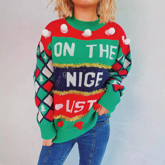 Damen festlicher Pullover mit weihnachtlichem Design und verspielten Details EB