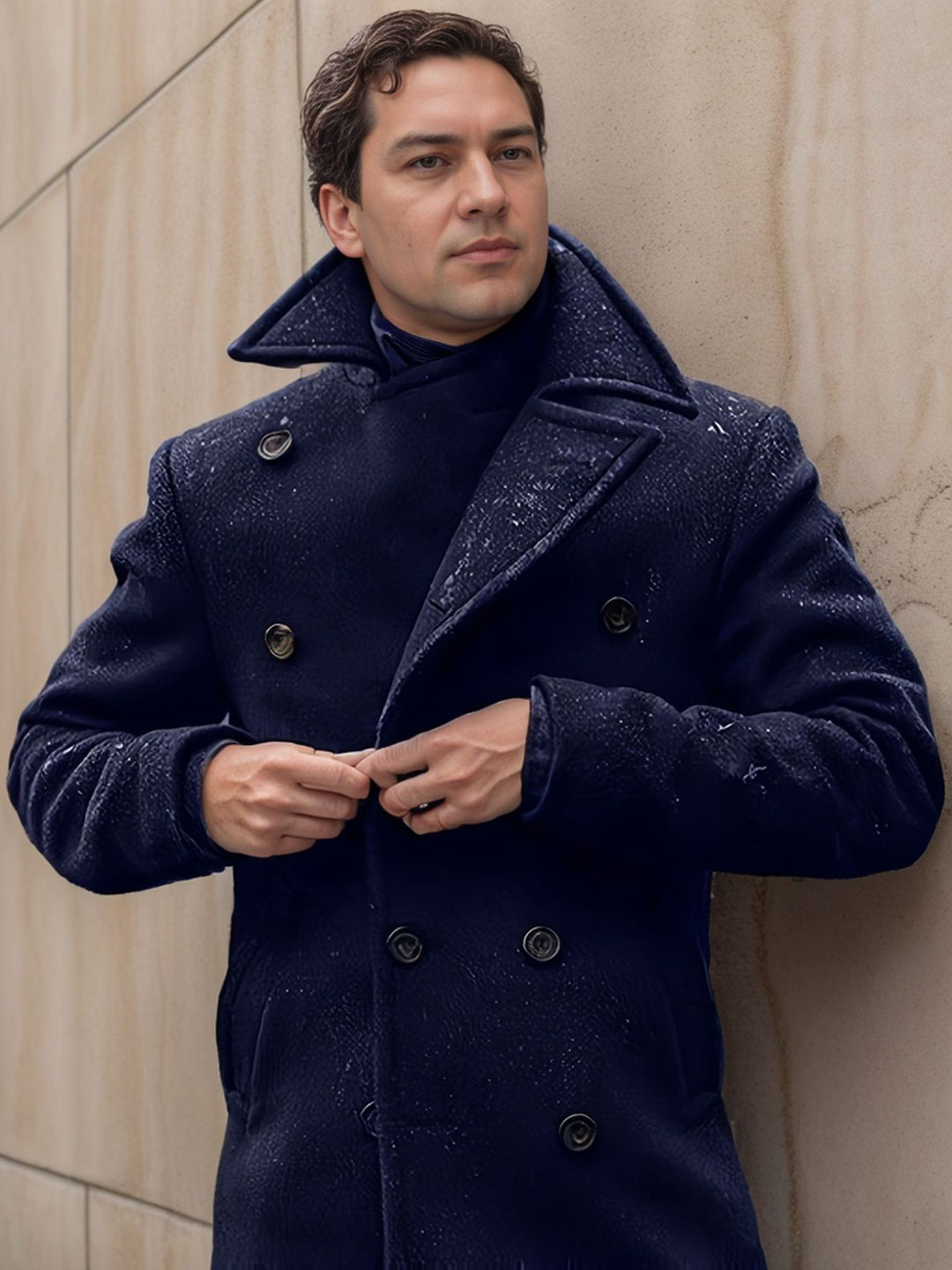 Herren eleganter doppelreihiger Wollmantel mit strukturiertem Obermaterial EB