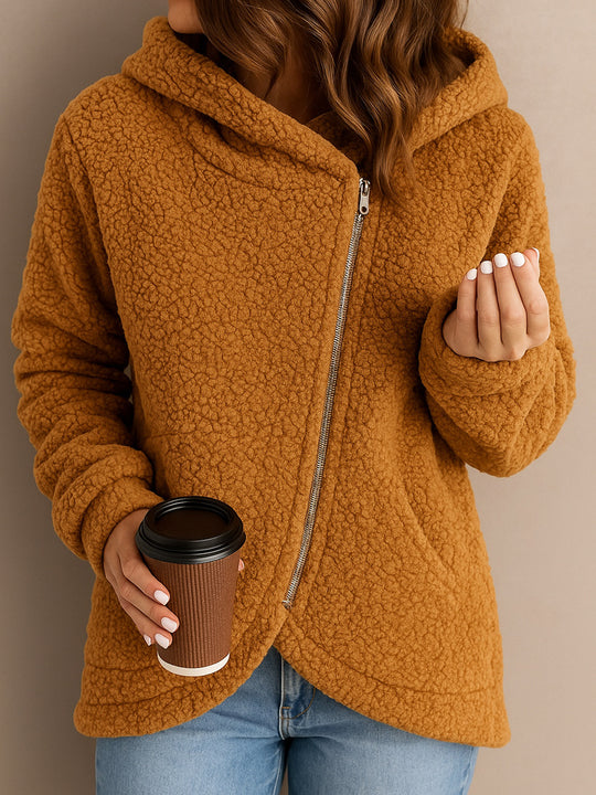 Damen Flauschige Kapuzenjacke mit asymmetrischem Reißverschluss EB